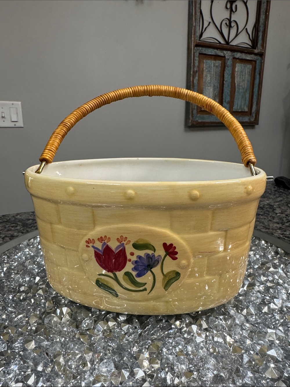 Pfaltzgraff vintage Ceramic Basket Planter with Floral Motif and Woven Handle